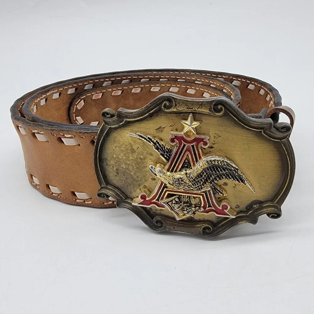 Anheuser Busch Belt Buckle Raintree Vintage 1980 & Floral Embossed Leather‎ Belt